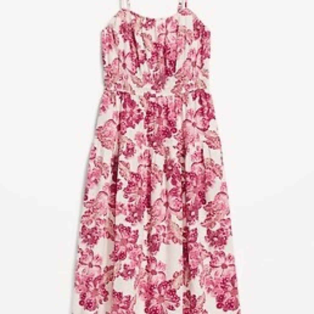 Waist-Defined Floral Linen-Blend Smocked Midi Cami Dress